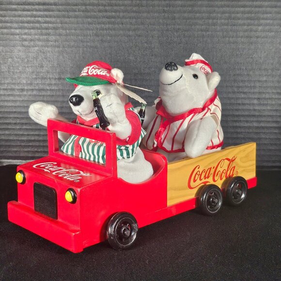 Vintage Red Wooden Coca Cola Truck With 2 White Coca Cola Bean Bag Plush Bears - Picture 1 of 11